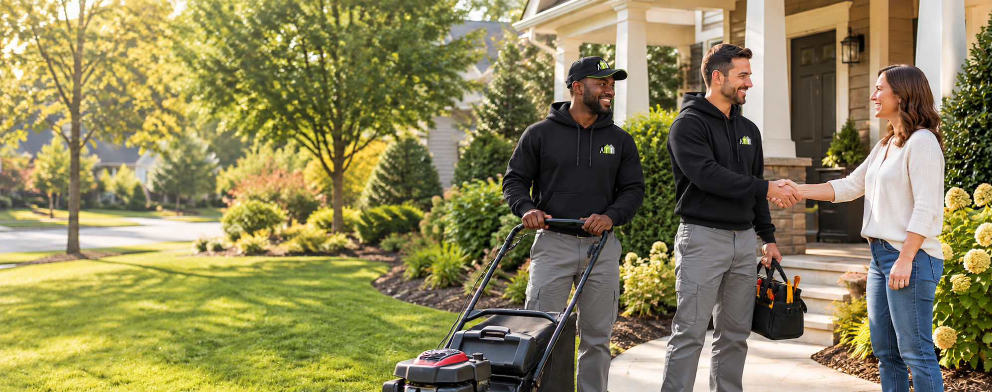 Friendly handyman and lawn-care professionals greeting a homeowner